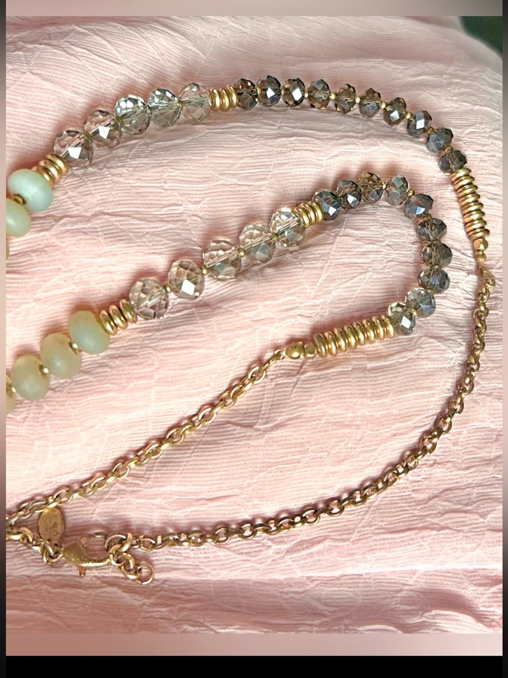 Delicate Gold Tassel Beaded Necklace - Beige, cream and Clear Colored Beads